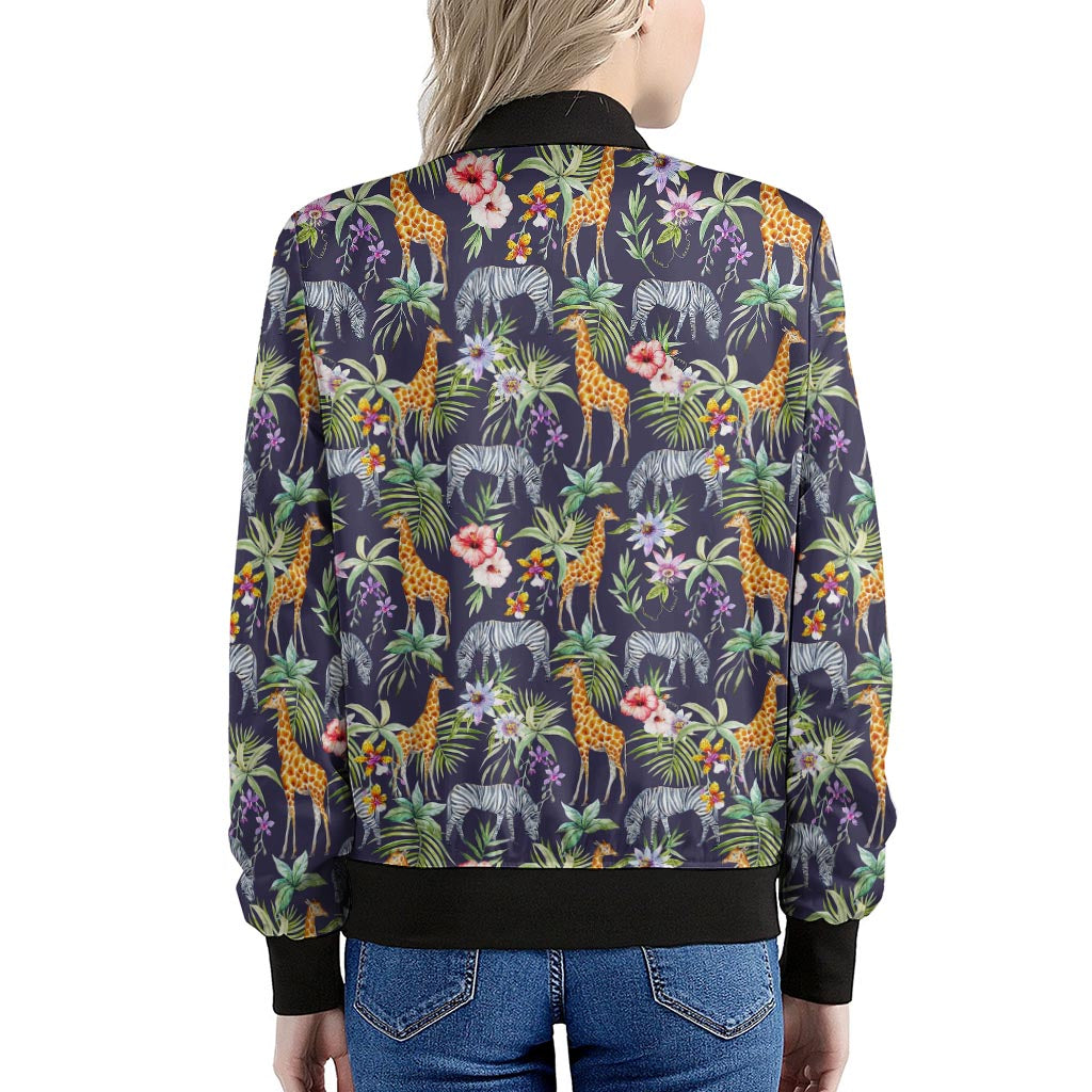 Tropical Zebra Giraffe Pattern Print Women's Bomber Jacket