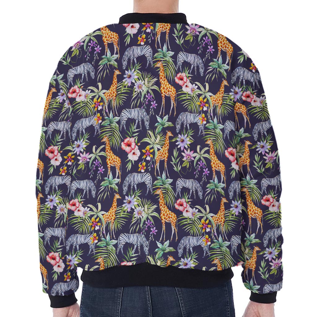 Tropical Zebra Giraffe Pattern Print Zip Sleeve Bomber Jacket