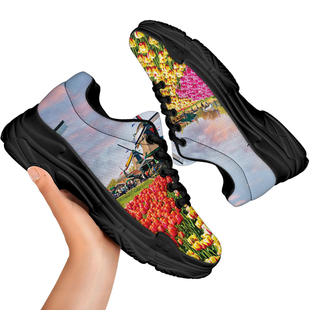 Tulip Field Print Black Chunky Shoes