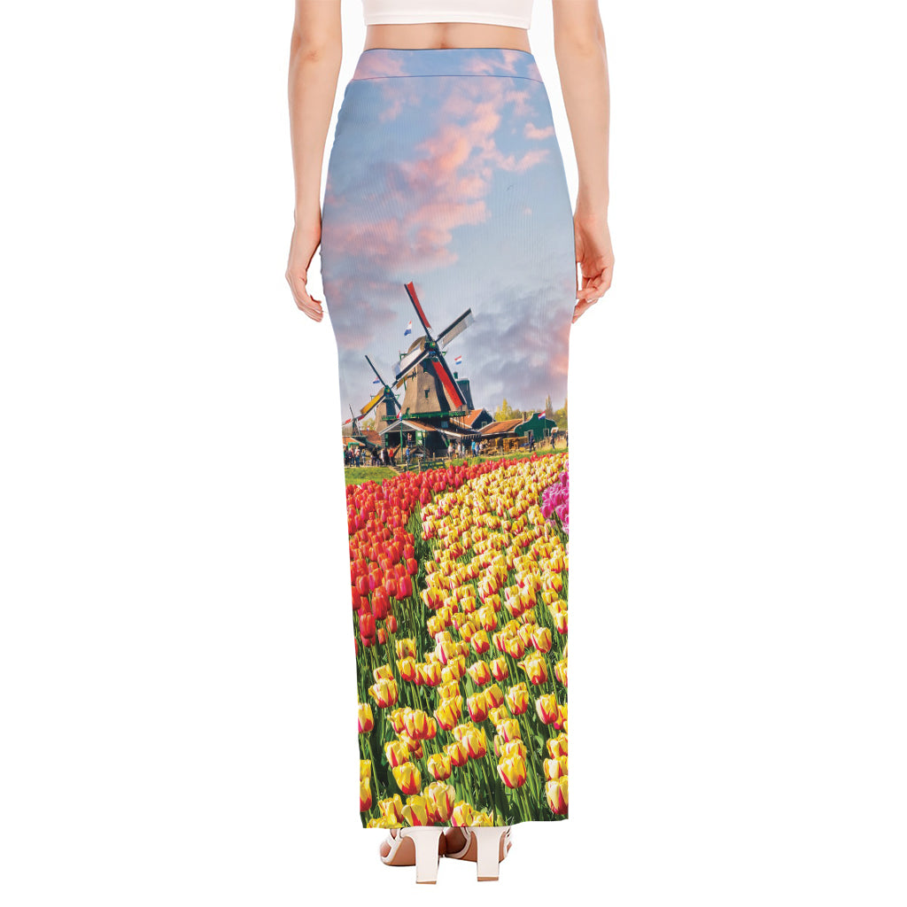 Tulip Field Print High Slit Maxi Skirt