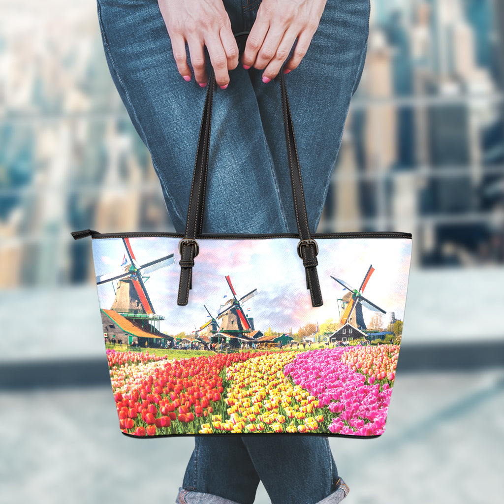 Tulip Field Print Leather Tote Bag