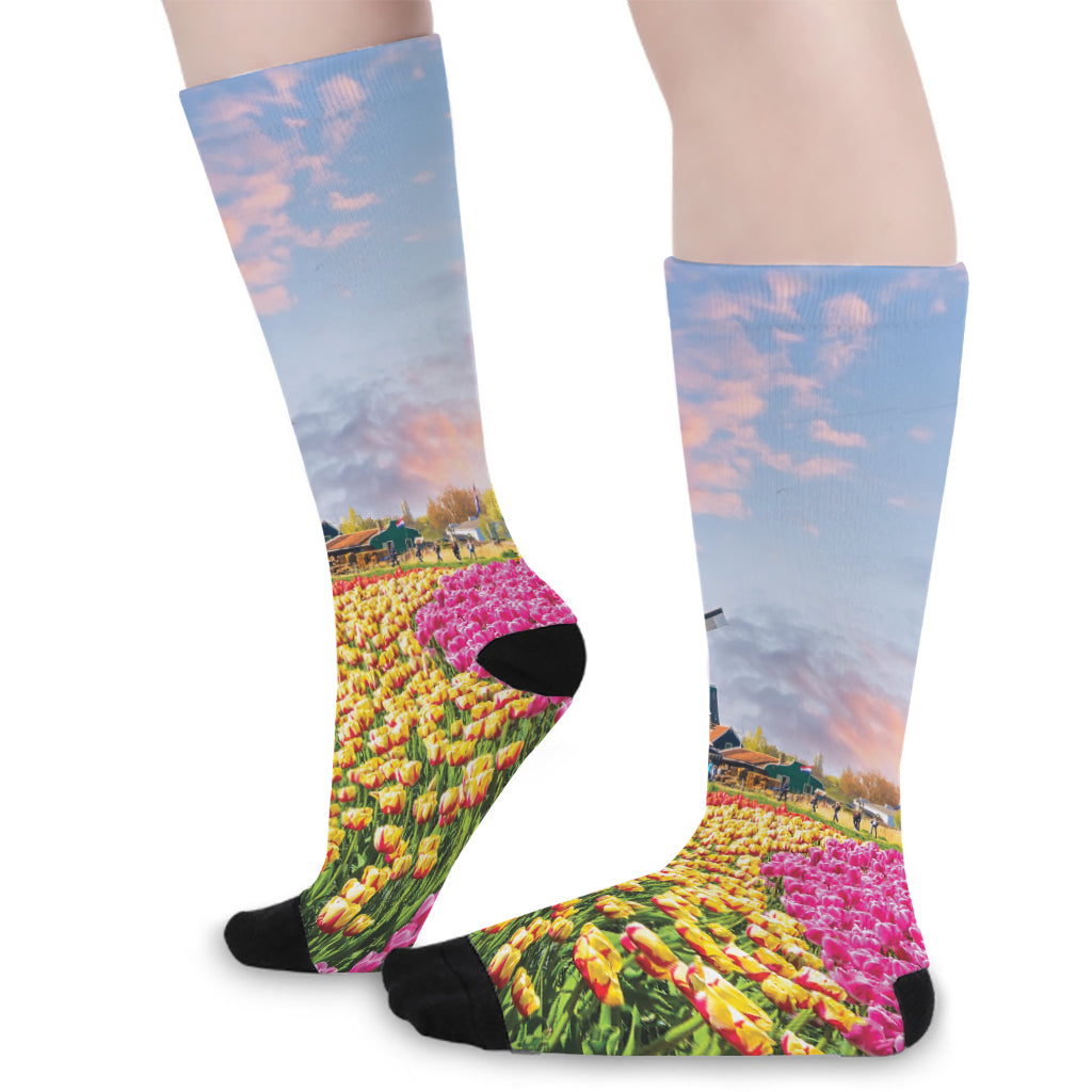 Tulip Field Print Long Socks