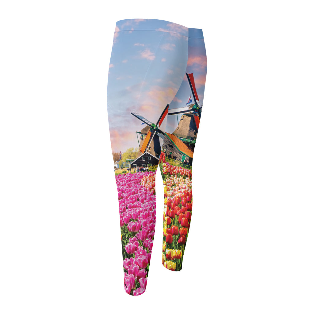 Tulip Field Print Men's Compression Pants