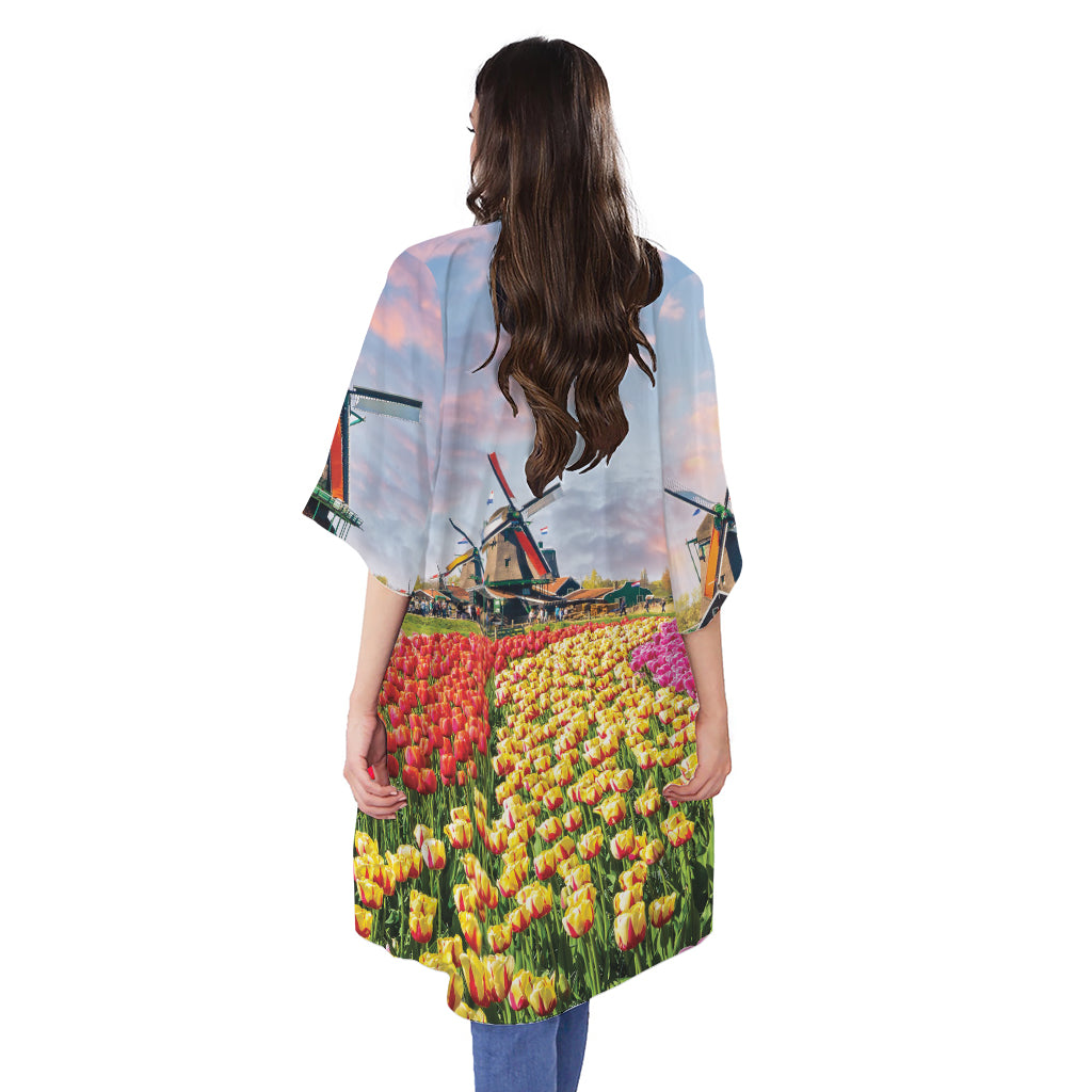 Tulip Field Print Open Front Beach Cover Up
