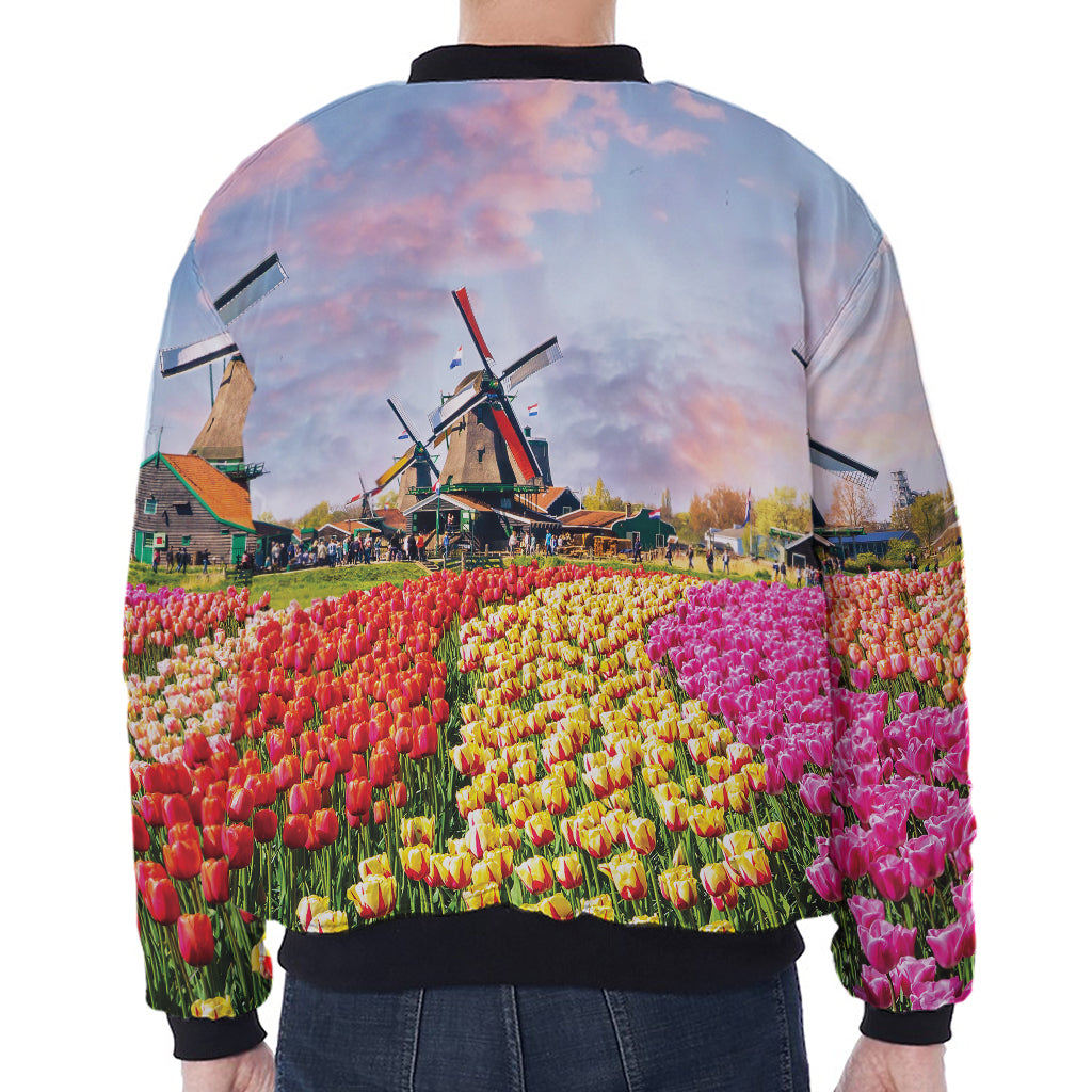 Tulip Field Print Zip Sleeve Bomber Jacket