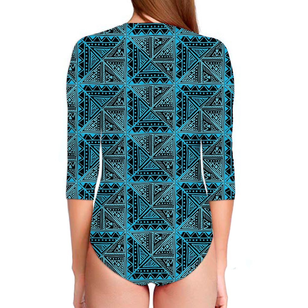 Turquoise African Ethnic Pattern Print Long Sleeve Swimsuit