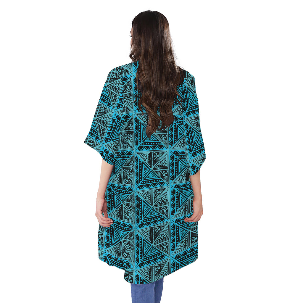 Turquoise African Ethnic Pattern Print Open Front Beach Cover Up