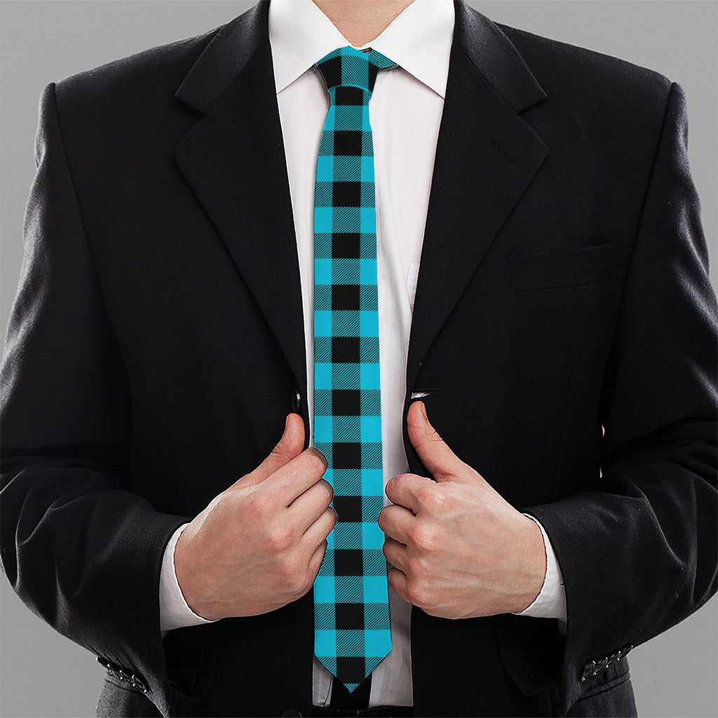 Turquoise And Black Buffalo Check Print Necktie
