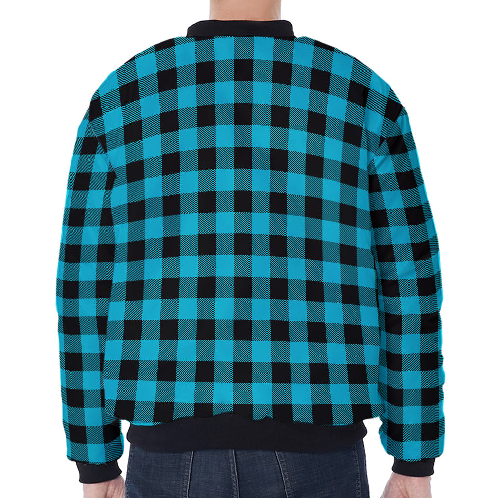 Turquoise And Black Buffalo Check Print Zip Sleeve Bomber Jacket
