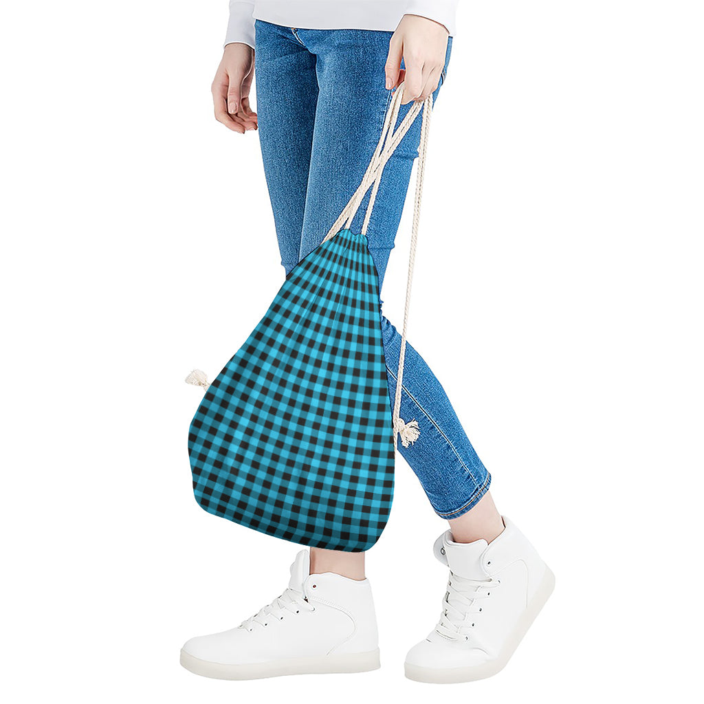 Turquoise And Black Check Pattern Print Drawstring Bag