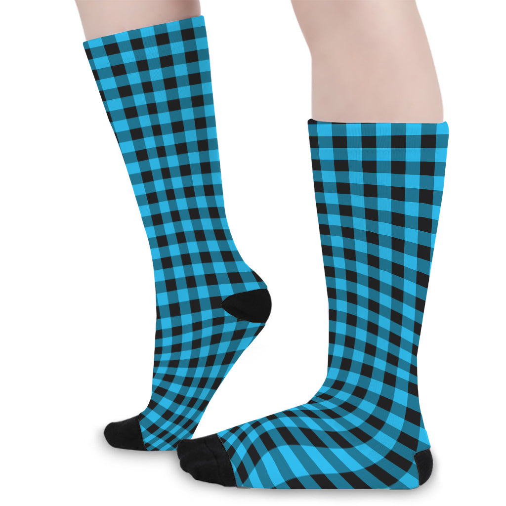 Turquoise And Black Check Pattern Print Long Socks