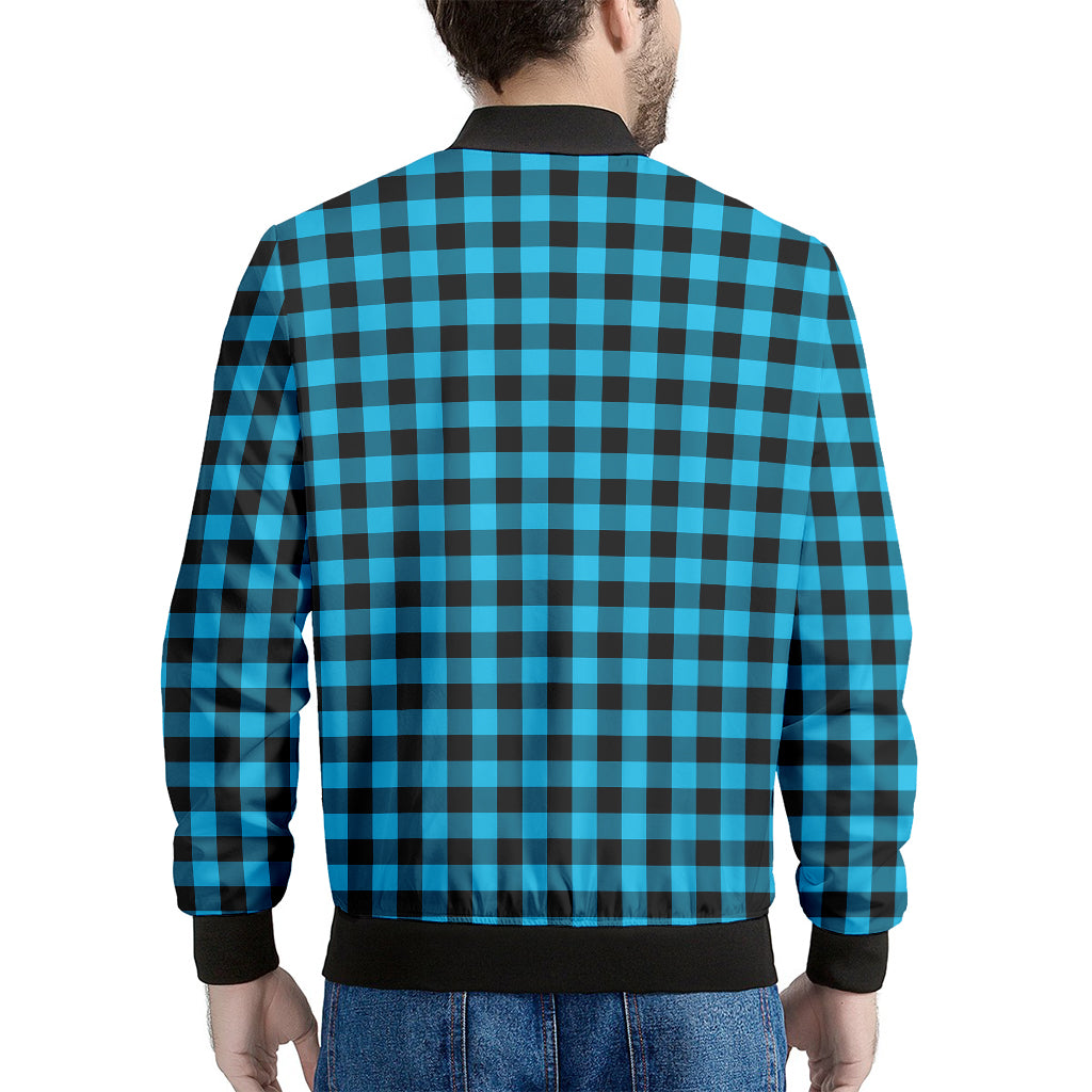 Turquoise And Black Check Pattern Print Men's Bomber Jacket