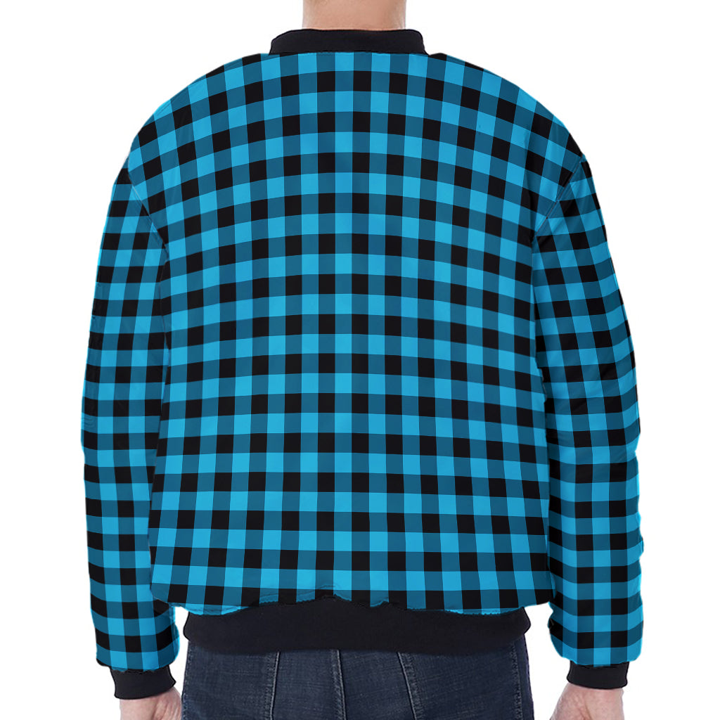 Turquoise And Black Check Pattern Print Zip Sleeve Bomber Jacket