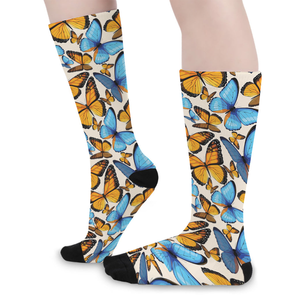 Turquoise And Orange Butterfly Print Long Socks