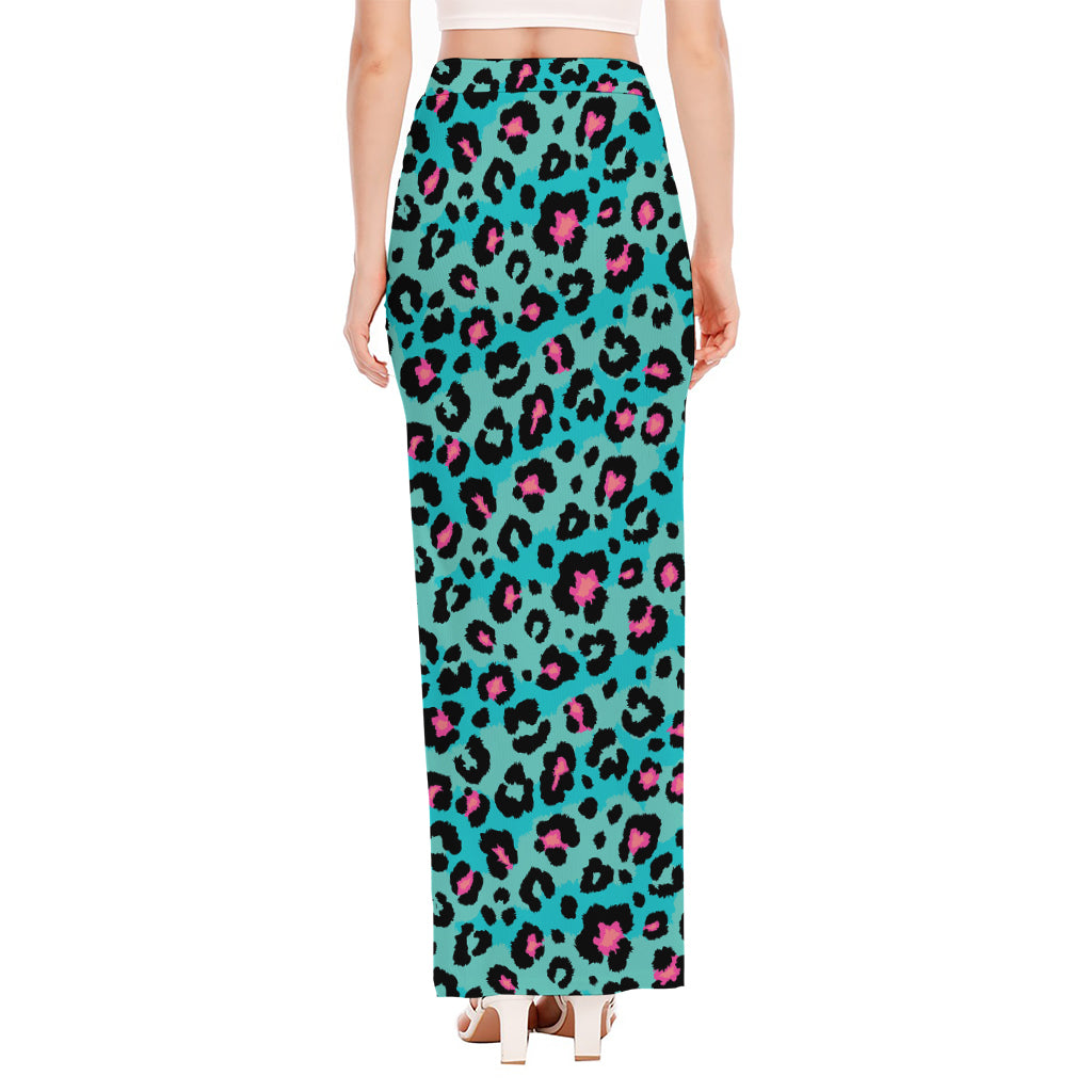 Turquoise And Pink Leopard Print High Slit Maxi Skirt