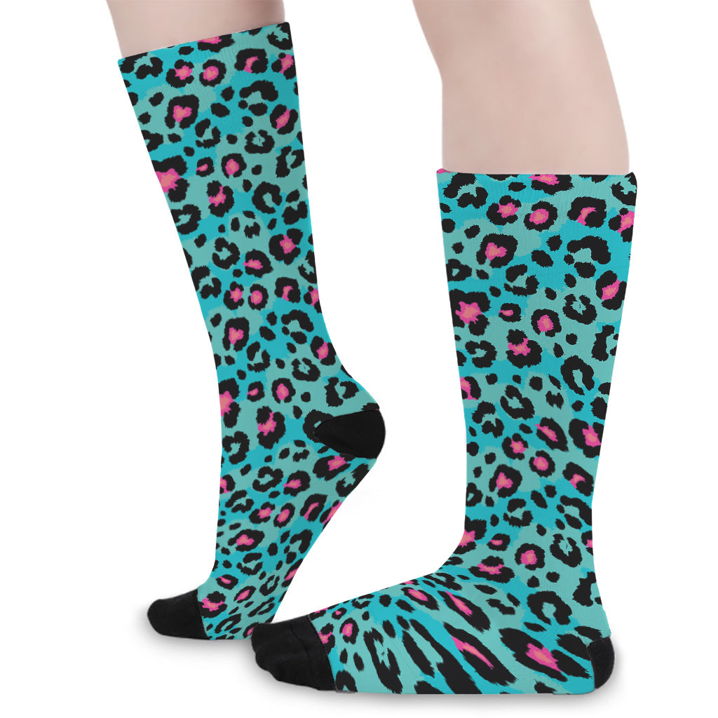 Turquoise And Pink Leopard Print Long Socks
