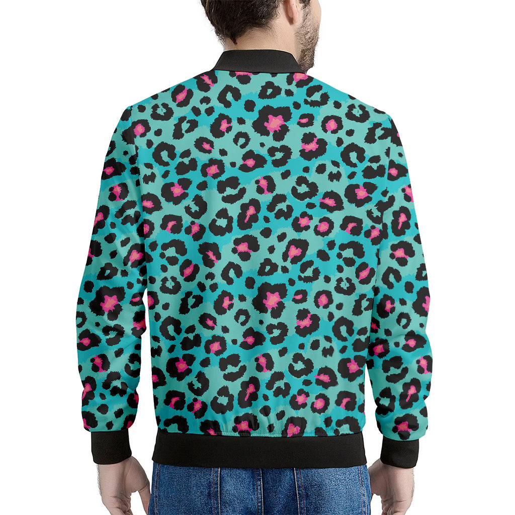 Turquoise And Pink Leopard Print Men's Bomber Jacket