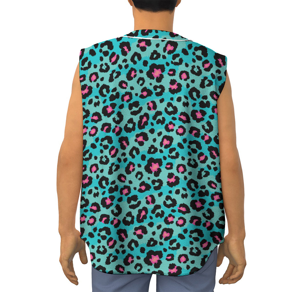Turquoise And Pink Leopard Print Sleeveless Baseball Jersey