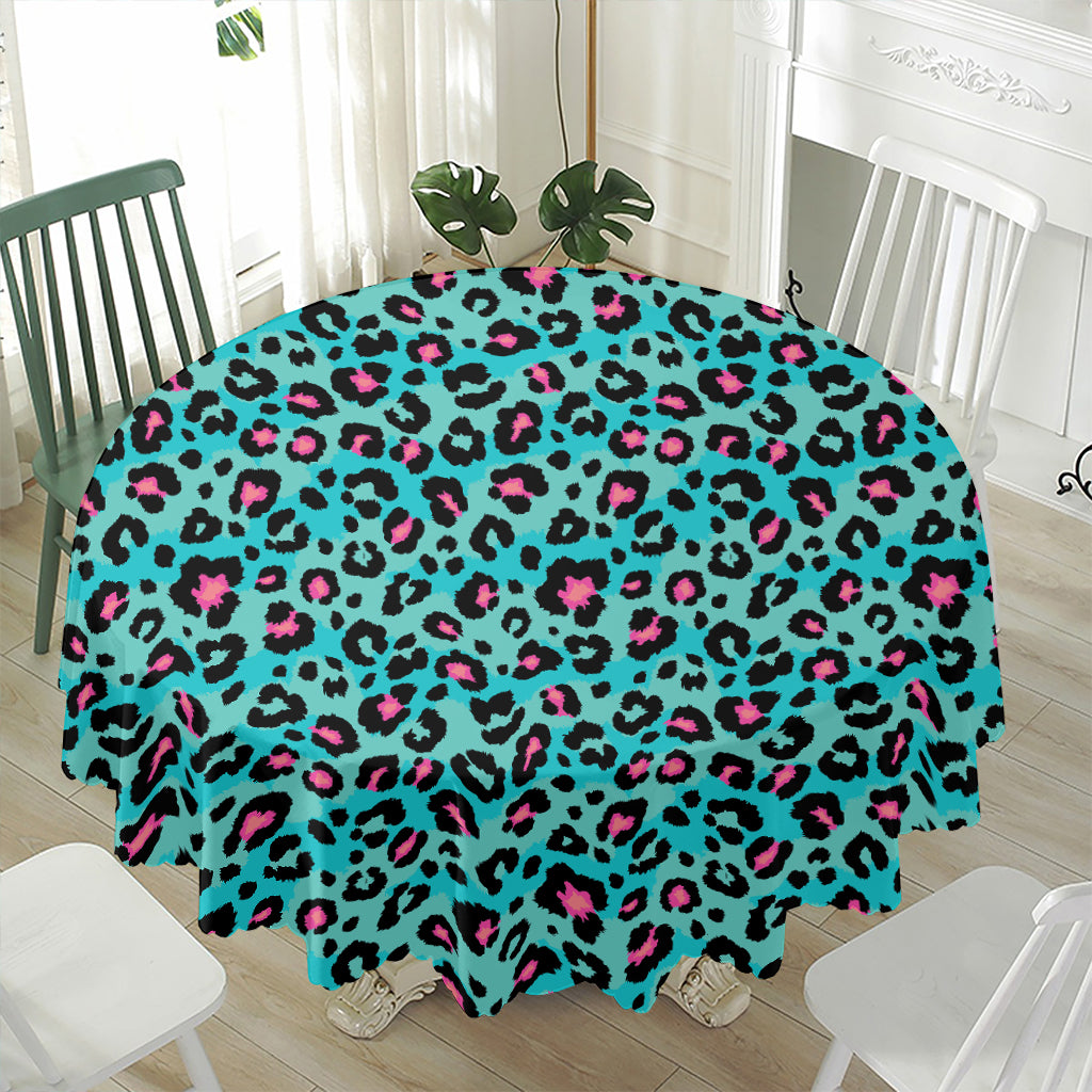 Turquoise And Pink Leopard Print Waterproof Round Tablecloth