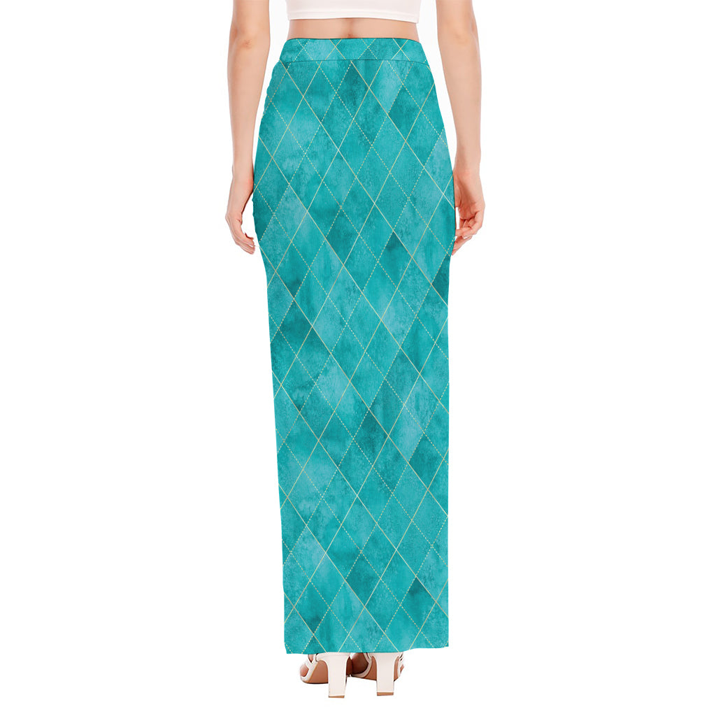 Turquoise Argyle Pattern Print High Slit Maxi Skirt