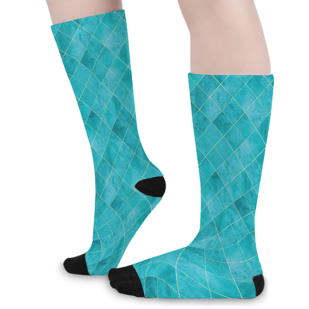 Turquoise Argyle Pattern Print Long Socks