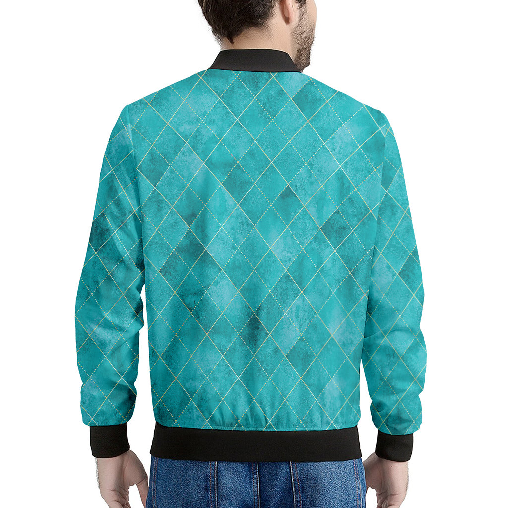 Turquoise Argyle Pattern Print Men's Bomber Jacket