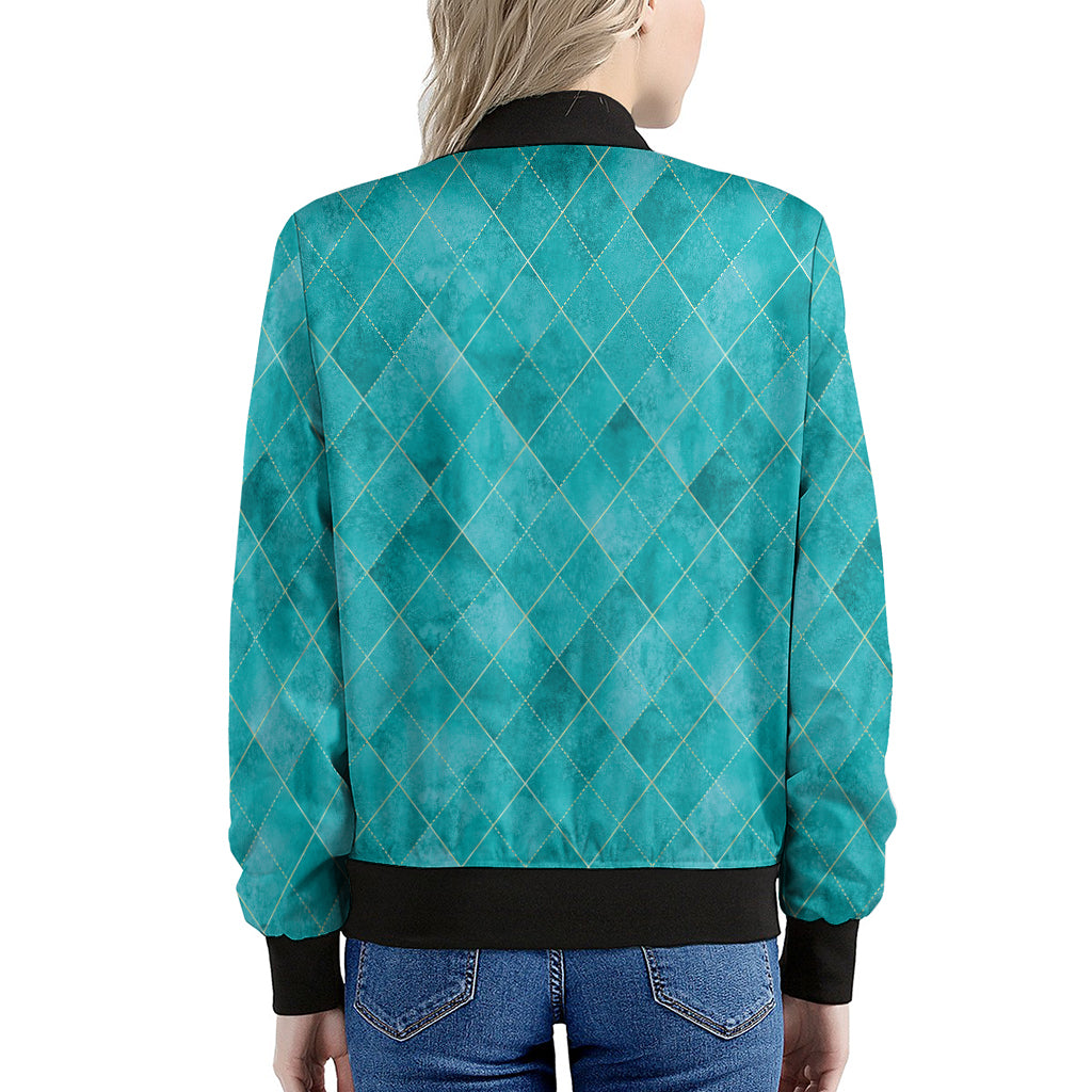 Turquoise Argyle Pattern Print Women's Bomber Jacket