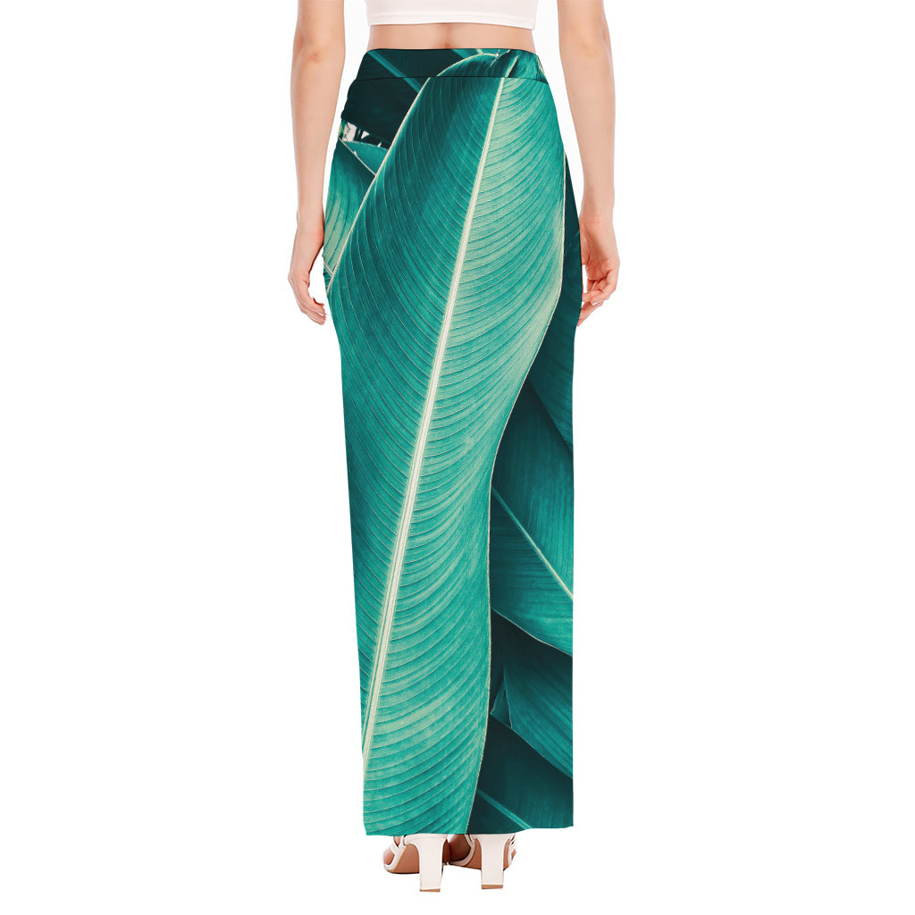 Turquoise Banana Leaf Print High Slit Maxi Skirt