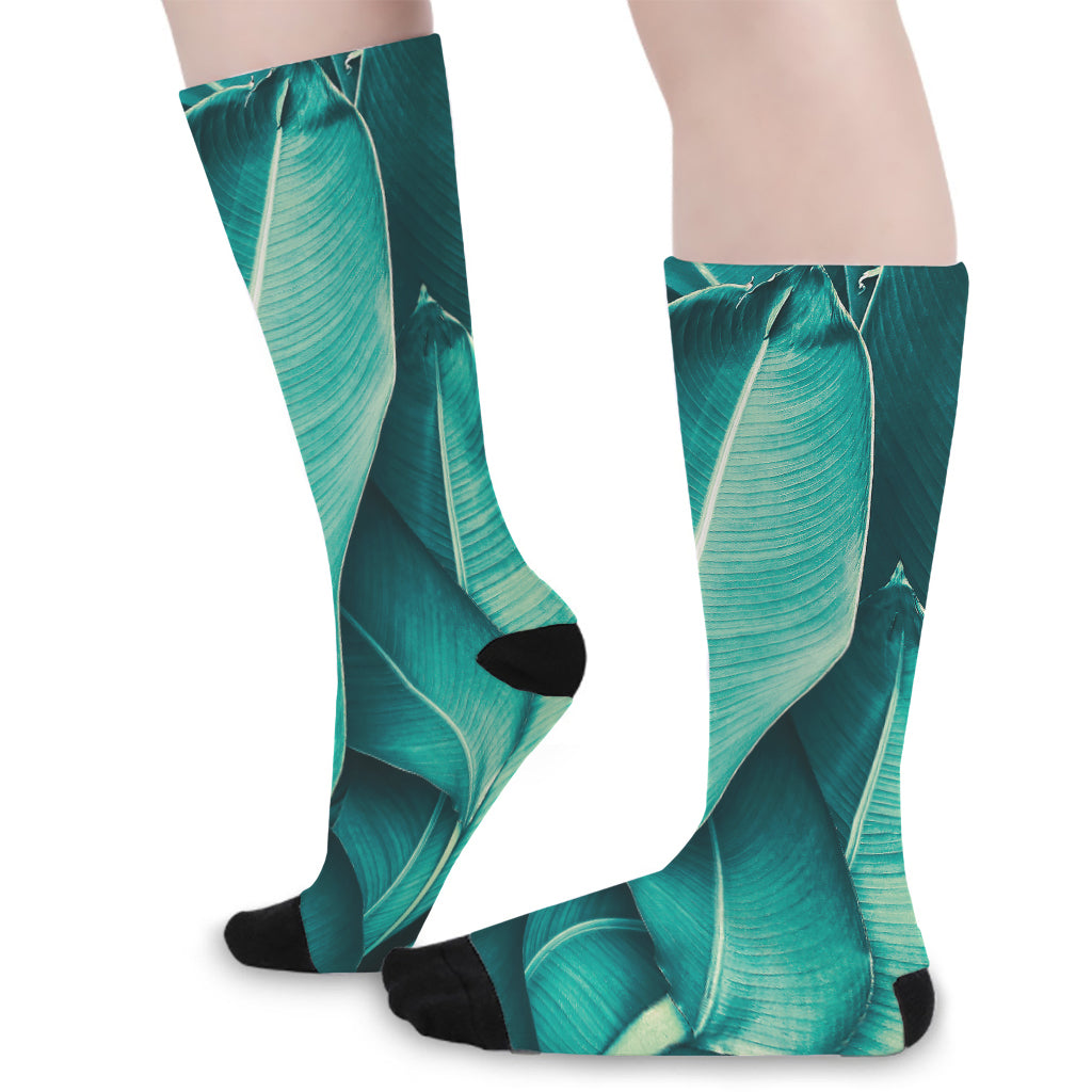 Turquoise Banana Leaf Print Long Socks