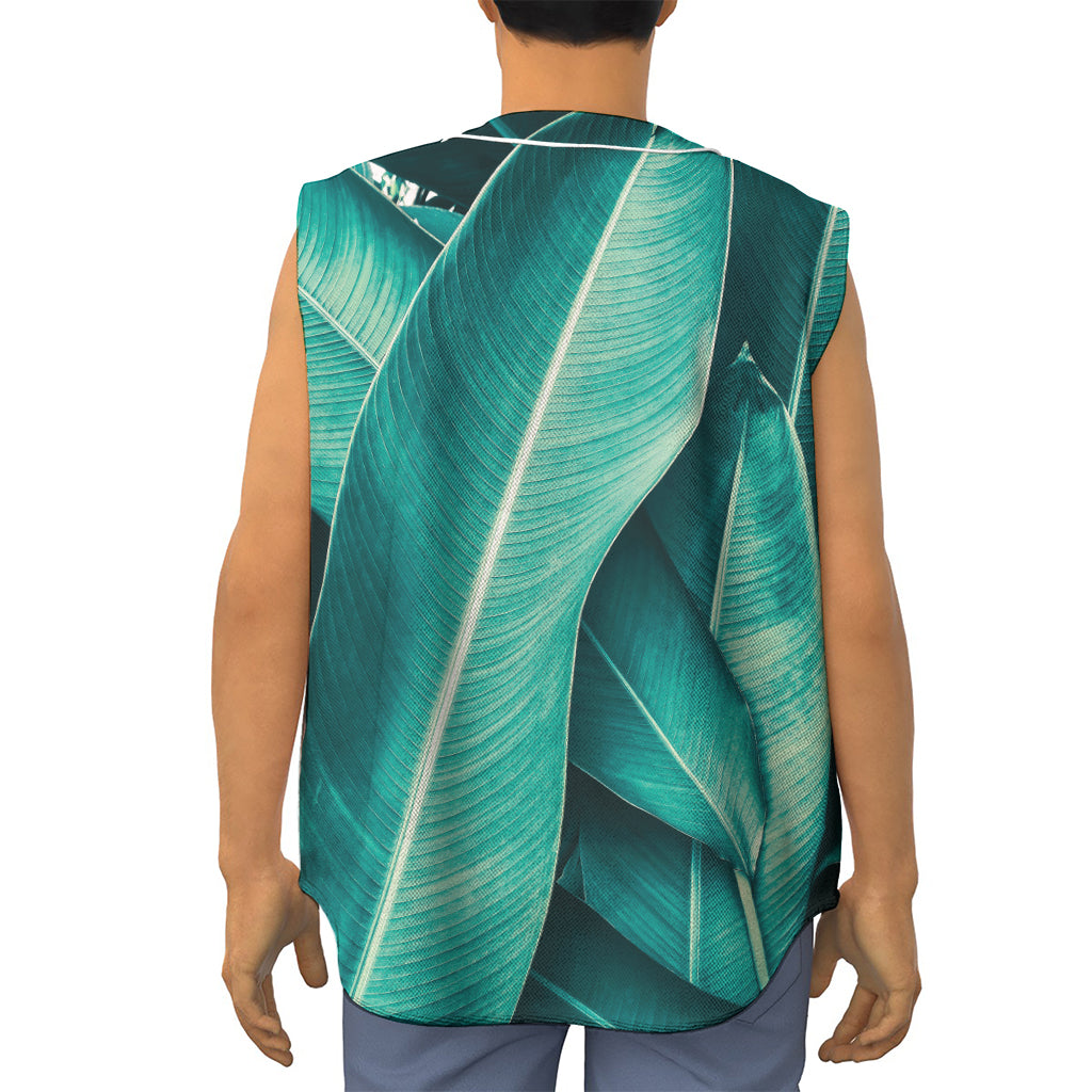 Turquoise Banana Leaf Print Sleeveless Baseball Jersey