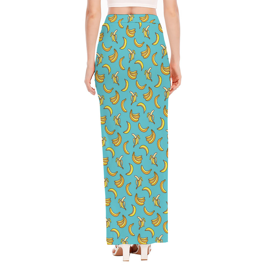 Turquoise Banana Pattern Print High Slit Maxi Skirt