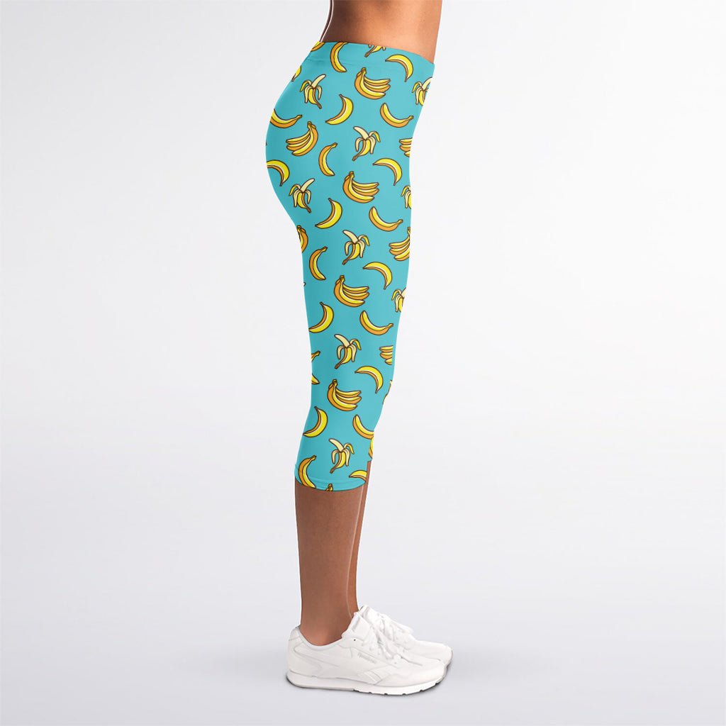 Turquoise Banana Pattern Print Women's Capri Leggings