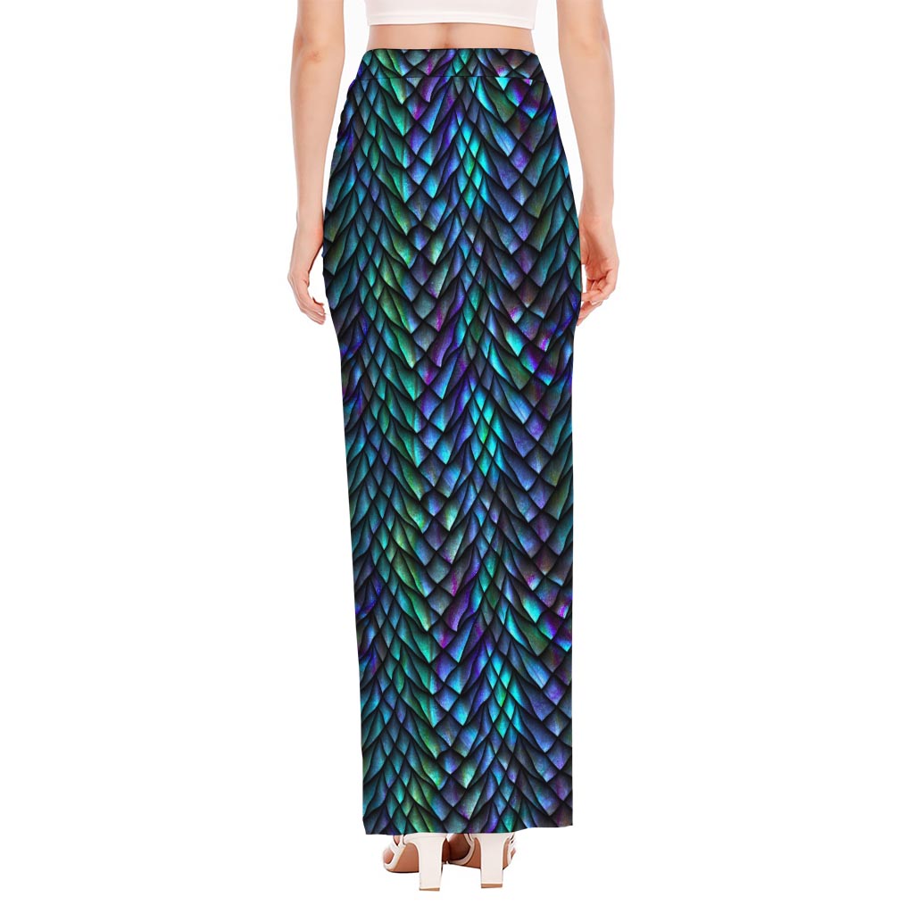 Turquoise Dragon Scales Pattern Print High Slit Maxi Skirt