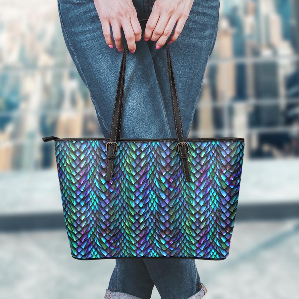 Turquoise Dragon Scales Pattern Print Leather Tote Bag