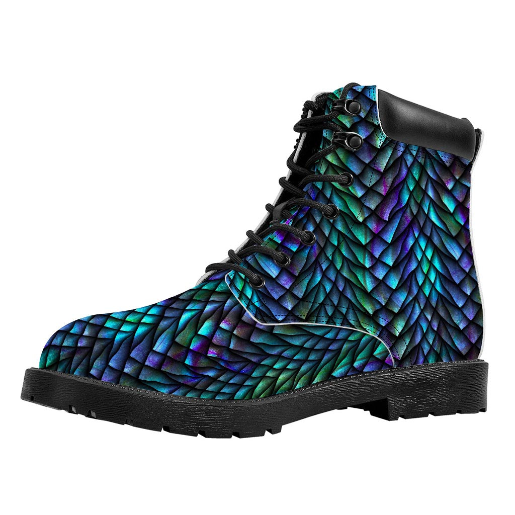 Turquoise Dragon Scales Pattern Print Work Boots