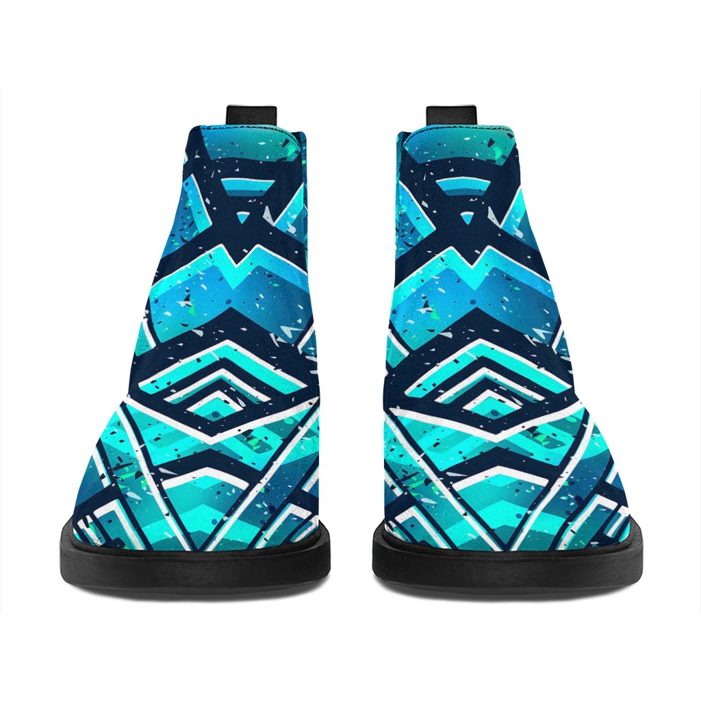 Turquoise Ethnic Aztec Trippy Print Flat Ankle Boots