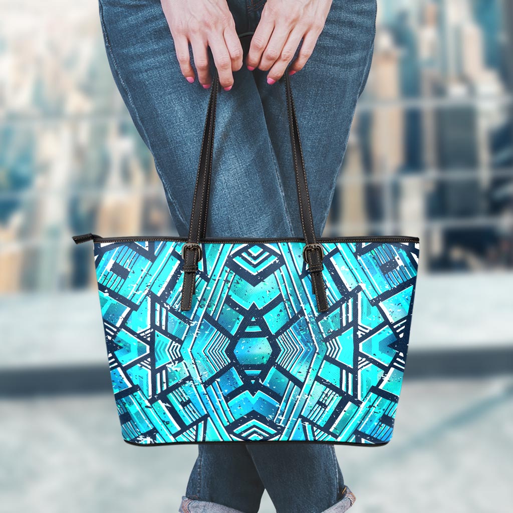 Turquoise Ethnic Aztec Trippy Print Leather Tote Bag