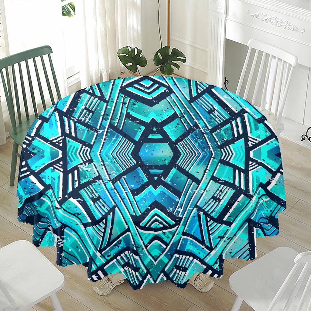 Turquoise Ethnic Aztec Trippy Print Waterproof Round Tablecloth