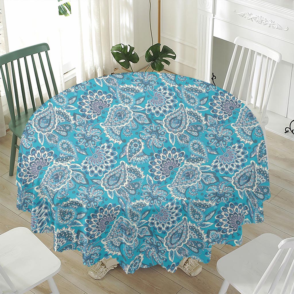 Turquoise Floral Bohemian Pattern Print Waterproof Round Tablecloth