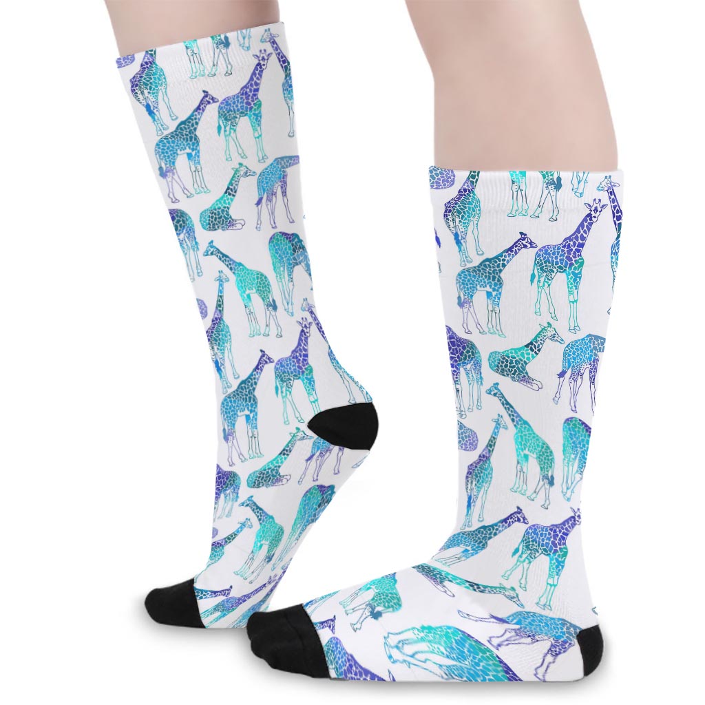 Turquoise Giraffe Pattern Print Long Socks