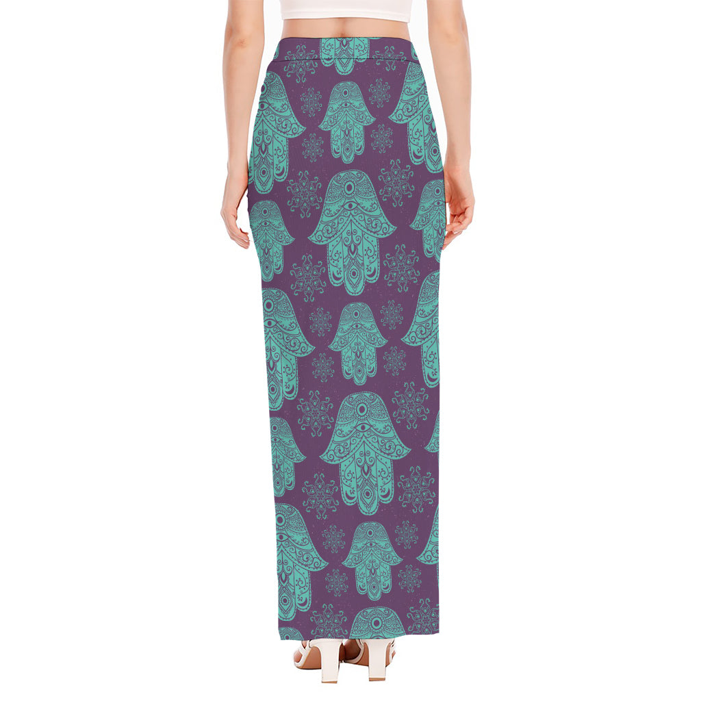 Turquoise Hamsa Pattern Print High Slit Maxi Skirt