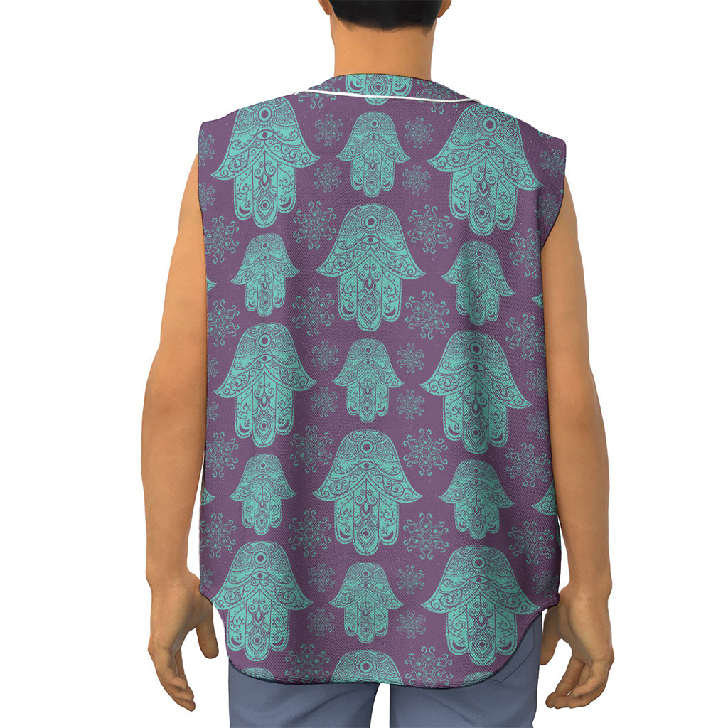 Turquoise Hamsa Pattern Print Sleeveless Baseball Jersey