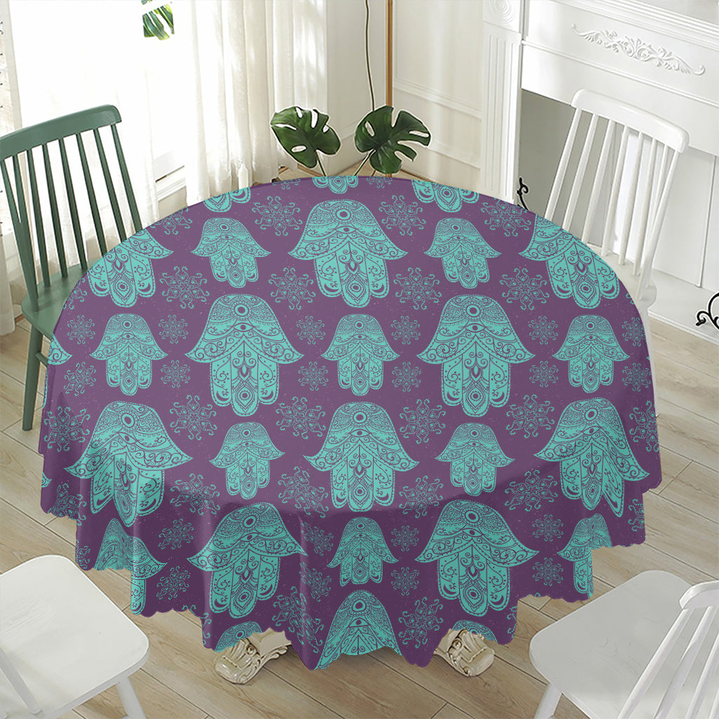 Turquoise Hamsa Pattern Print Waterproof Round Tablecloth