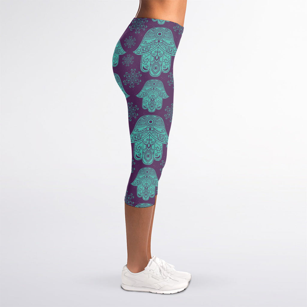 Turquoise Hamsa Pattern Print Women's Capri Leggings