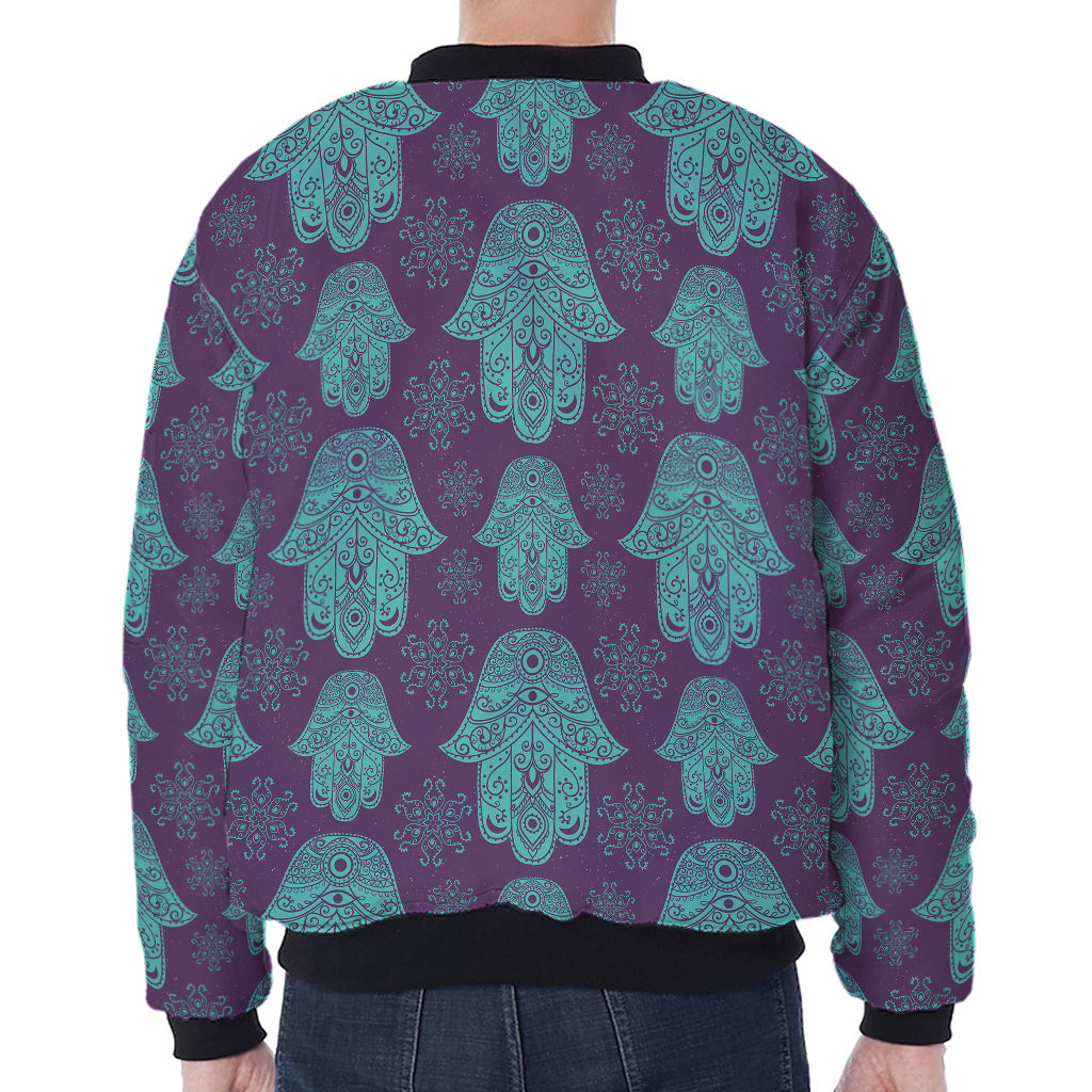 Turquoise Hamsa Pattern Print Zip Sleeve Bomber Jacket