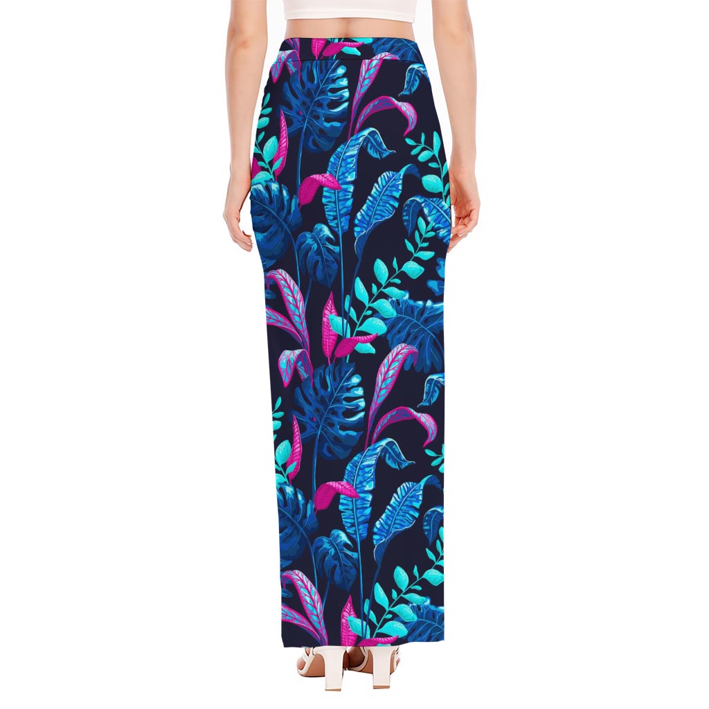 Turquoise Hawaii Tropical Pattern Print High Slit Maxi Skirt