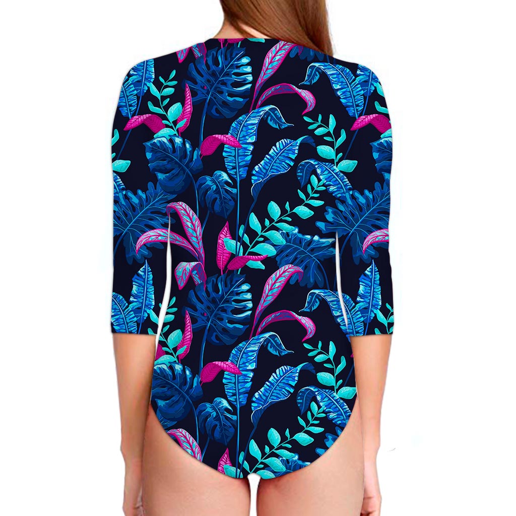 Turquoise Hawaii Tropical Pattern Print Long Sleeve Swimsuit