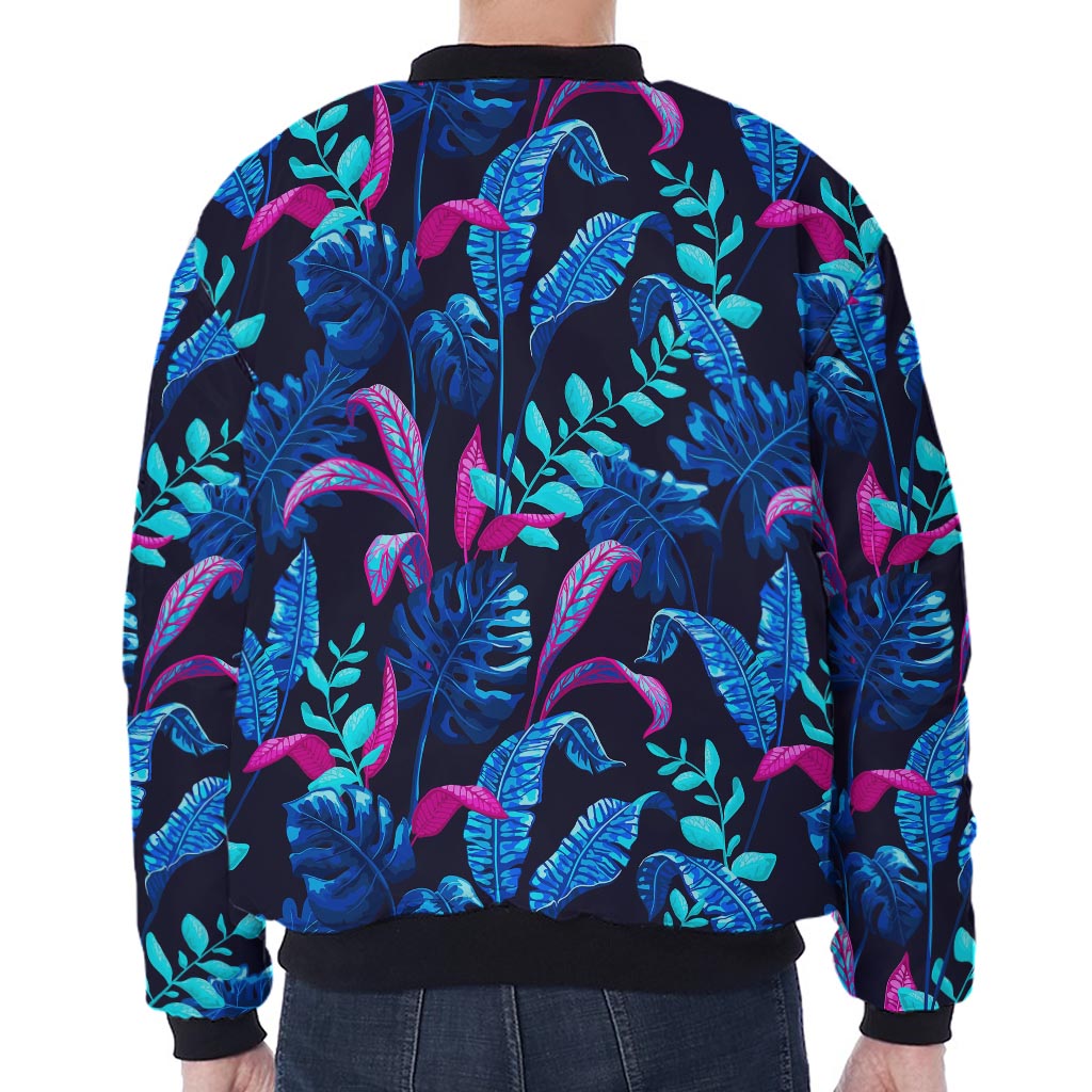 Turquoise Hawaii Tropical Pattern Print Zip Sleeve Bomber Jacket