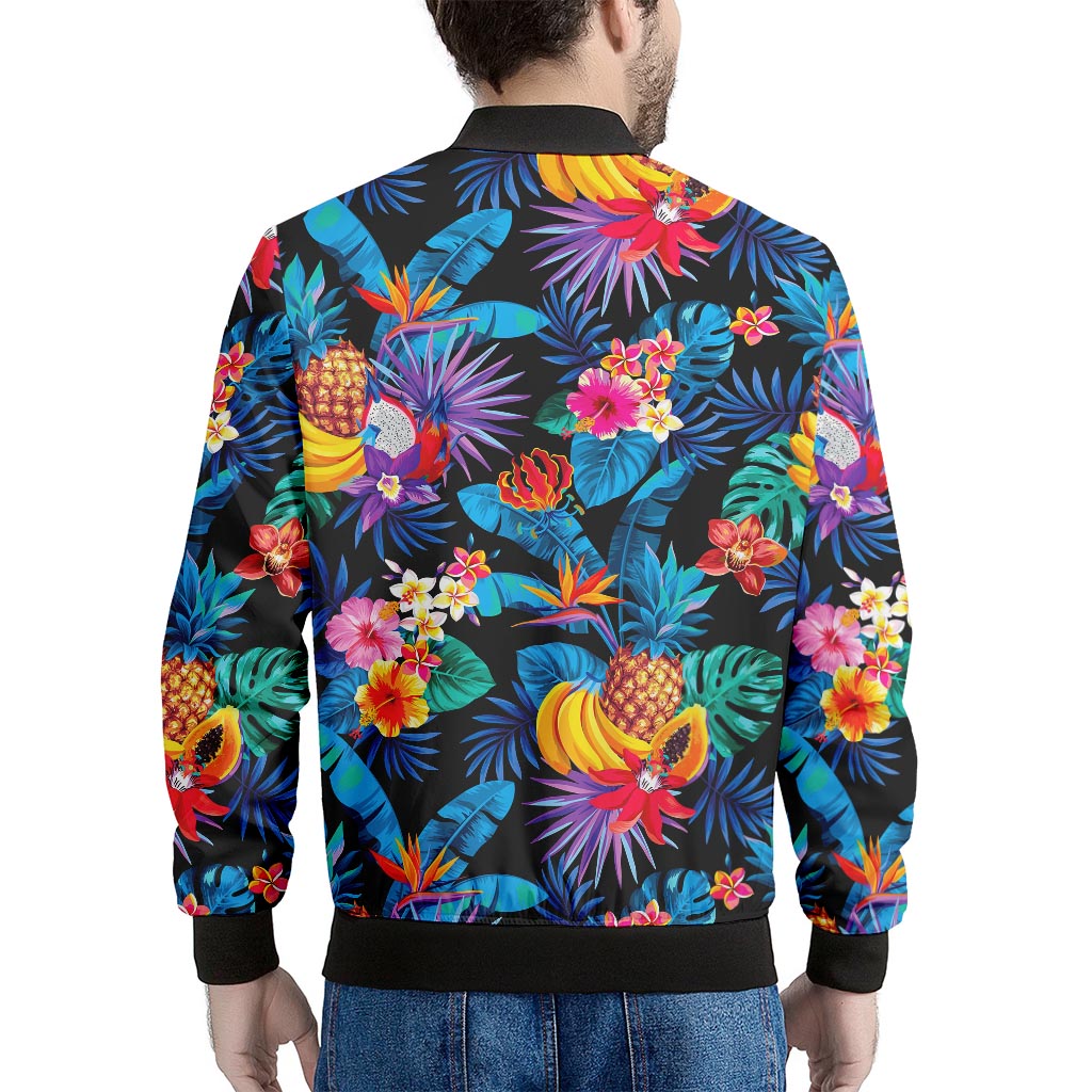 Turquoise Hawaiian Fruits Pattern Print Men's Bomber Jacket