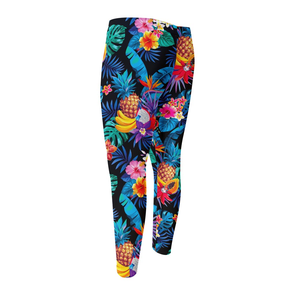 Turquoise Hawaiian Fruits Pattern Print Men's Compression Pants